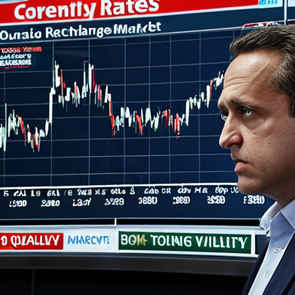 **

"A dynamic stock market chart displaying currency exchange rates fluctuating rapidly, overlaid with news headlines about political instability and economic announcements. Include a worried-looking investor watching the screen intensely. The style should be modern and slightly chaotic, reflecting market volatility."

**