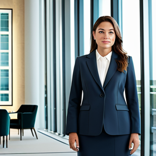 Home 27 **
"A professional businesswoman in a modest, tailored business suit, standing confidently in a modern office lobby. Glass walls, contemporary art, neutral color palette. Fully clothed, appropriate attire, safe for work, perfect anatomy, natural proportions, professional, high resolution."
**