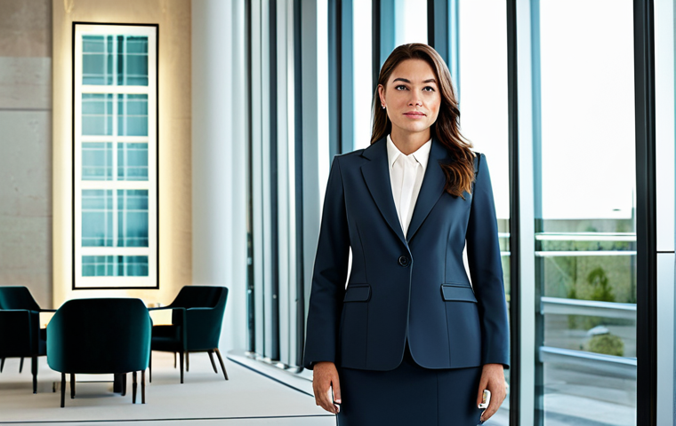 **

"A professional businesswoman in a modest, tailored business suit, standing confidently in a modern office lobby. Glass walls, contemporary art, neutral color palette. Fully clothed, appropriate attire, safe for work, perfect anatomy, natural proportions, professional, high resolution."

**