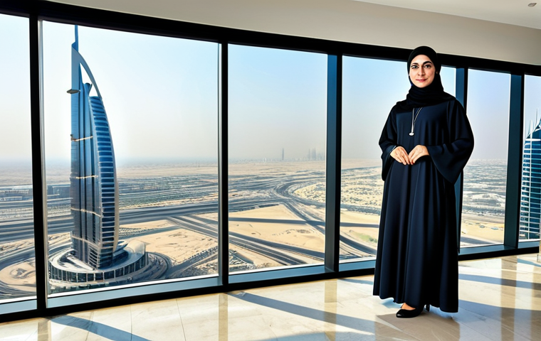 **

"A professional businesswoman wearing a modest, elegantly designed abaya in a modern office setting with a panoramic view of Dubai, fully clothed, appropriate attire, safe for work, perfect anatomy, natural proportions, professional photography, high quality, family-friendly."

**