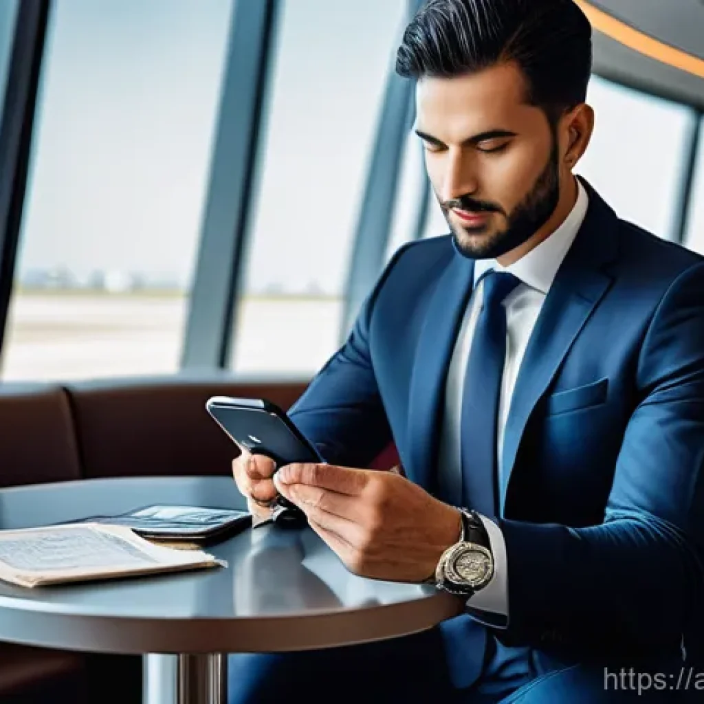 외환관리사와 해외 출장 팁 - **Prompt:** A sophisticated male business traveler, in his late 30s, dressed in a sharp, modern dark...