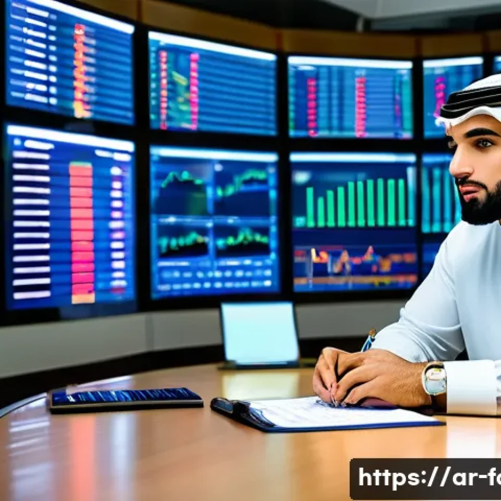 외환관리사와 언어 능력 향상 전략 - A sophisticated Arab financial professional in traditional attire, sitting at a modern desk with mul...