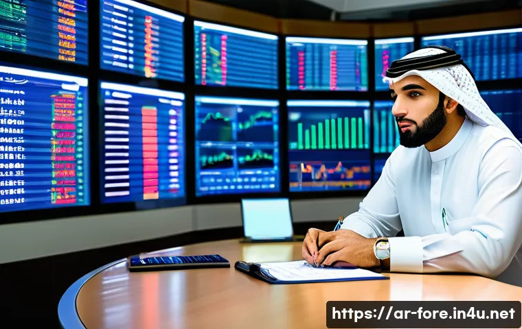 외환관리사와 언어 능력 향상 전략 - A sophisticated Arab financial professional in traditional attire, sitting at a modern desk with mul...