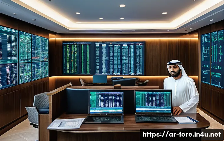 외환관리사와 송금 업무 이해 - A detailed professional office scene in a modern Middle Eastern financial firm where diverse Arab bu...