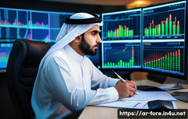 외환관리사와 금융 시장 데이터 활용 - A sophisticated Arabic financial analyst in a modern office overlooking a bustling Middle Eastern ci...