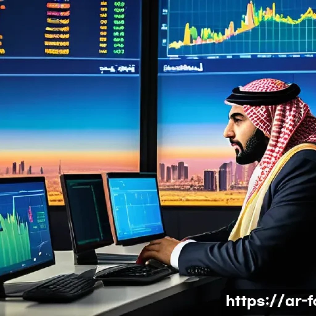 외환관리사와 글로벌 금융 트렌드 비교 - A detailed professional office scene showing an Arab foreign exchange manager analyzing fluctuating ...