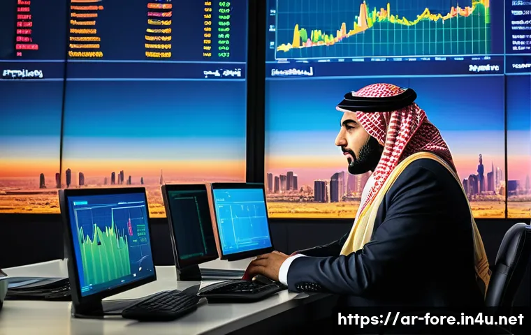 외환관리사와 글로벌 금융 트렌드 비교 - A detailed professional office scene showing an Arab foreign exchange manager analyzing fluctuating ...