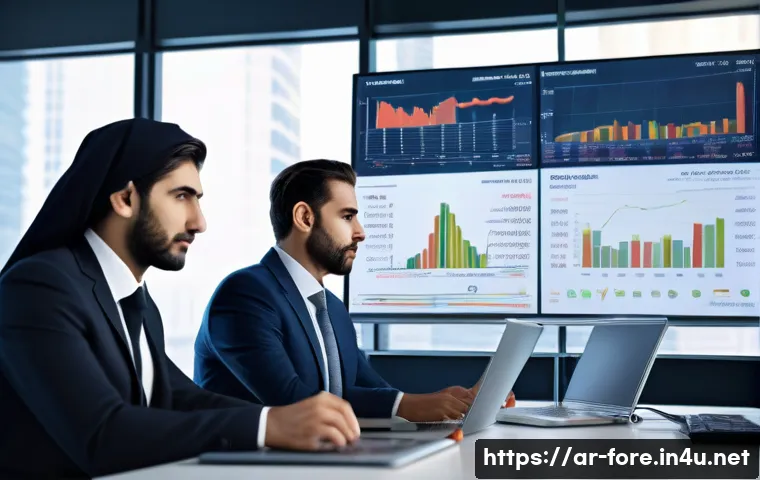 외환관리사와 환위험 헤징 사례 - A modern Middle Eastern corporate office scene showing a diverse team of professionals analyzing for...