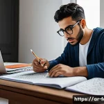 외환관리사와 시험 실패 극복 전략 - A focused young Middle Eastern man studying at a modern desk in a bright room decorated with Arabic ...