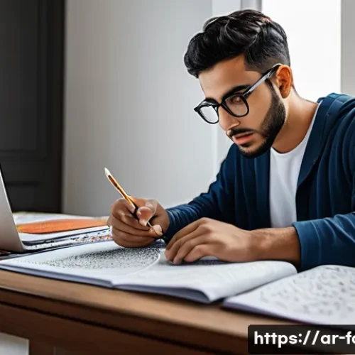 외환관리사와 시험 실패 극복 전략 - A focused young Middle Eastern man studying at a modern desk in a bright room decorated with Arabic ...