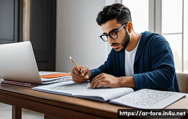 외환관리사와 시험 실패 극복 전략 - A focused young Middle Eastern man studying at a modern desk in a bright room decorated with Arabic ...