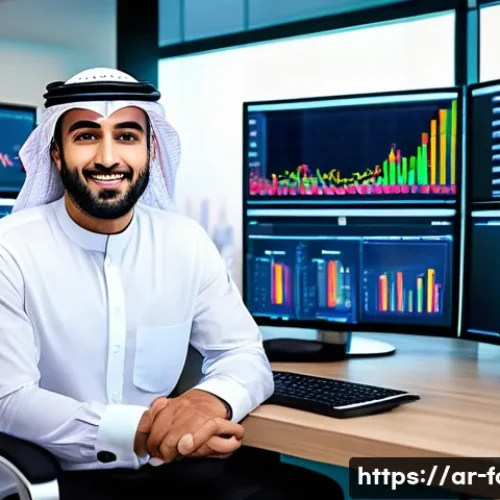 외환관리사 업무용 소프트웨어 활용법 - A professional Arab male financial analyst in a modern office setting, surrounded by multiple large ...