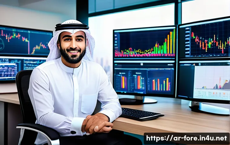 외환관리사 업무용 소프트웨어 활용법 - A professional Arab male financial analyst in a modern office setting, surrounded by multiple large ...