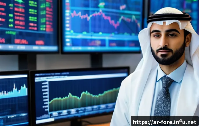 외환관리사와 외환 IT 솔루션 - A professional Middle Eastern male trader in a modern high-tech office, analyzing large digital curr...