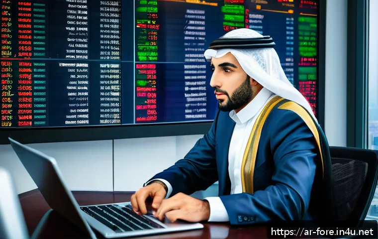 외환관리사와 환율 전망 활용법 - A detailed professional Middle Eastern financial analyst in a modern office overlooking a city skyli...