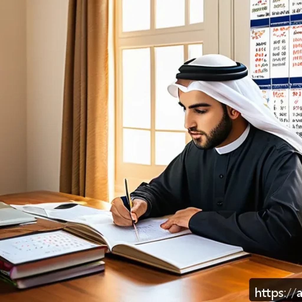 외환관리사 시험 일정과 준비 - A focused Arab male student in his late 20s studying foreign exchange management at a desk covered w...
