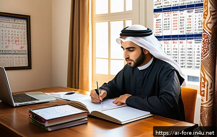 외환관리사 시험 일정과 준비 - A focused Arab male student in his late 20s studying foreign exchange management at a desk covered w...