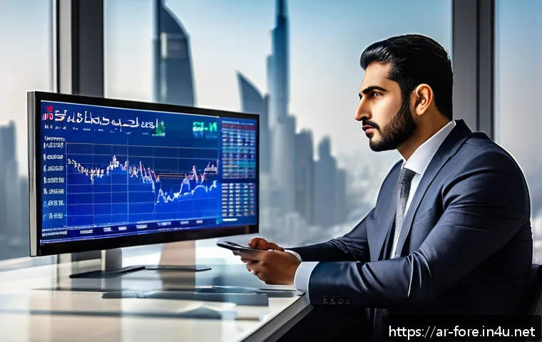 외환관리사와 글로벌 투자 전략 - A sophisticated Middle Eastern financial analyst in a modern office overlooking a city skyline with ...