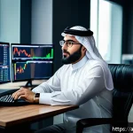 외환관리사와 외환 거래 실패 사례 - A professional Arab male trader sitting at a modern desk in a sleek trading office, focused on multi...