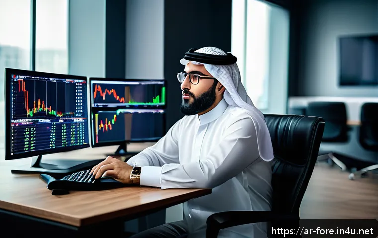 외환관리사와 외환 거래 실패 사례 - A professional Arab male trader sitting at a modern desk in a sleek trading office, focused on multi...