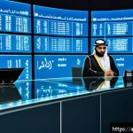 외환관리사와 글로벌 금융 시장 비교 - A detailed and vibrant digital illustration of a Middle Eastern central bank office during a critica...