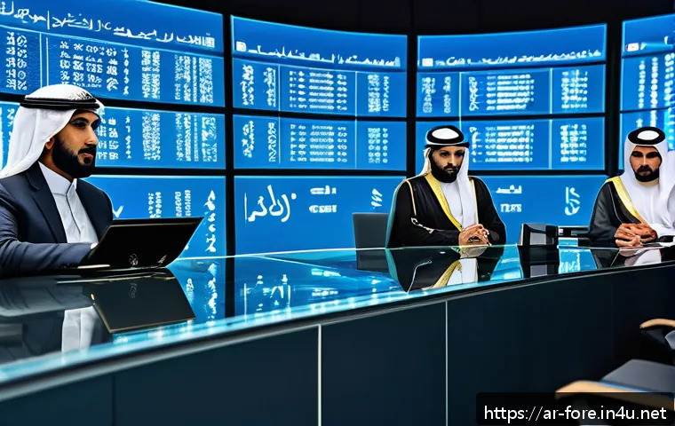 외환관리사와 글로벌 금융 시장 비교 - A detailed and vibrant digital illustration of a Middle Eastern central bank office during a critica...