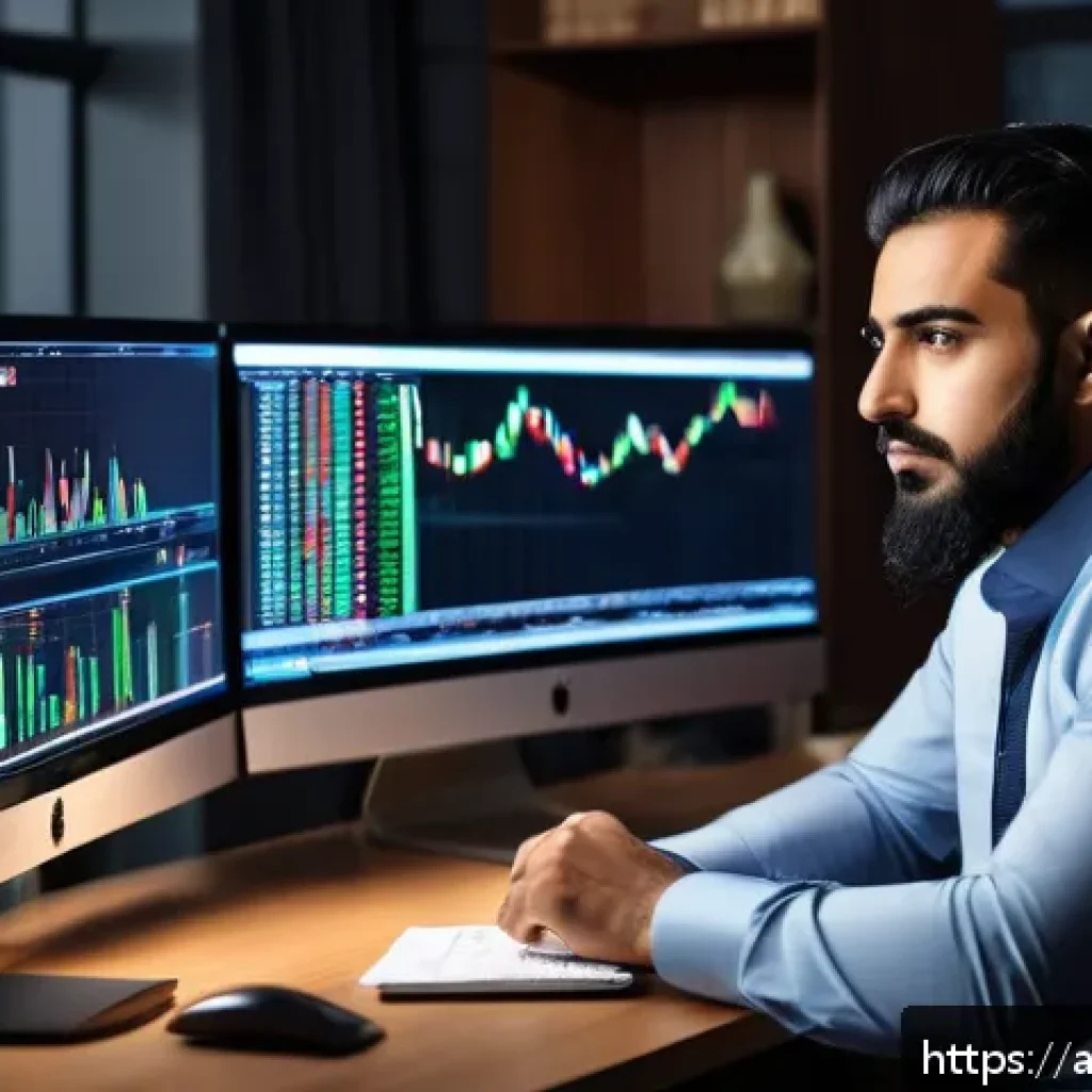 외환관리사와 경력 개발 전략 - A professional Arab male trader in his early 30s sitting at a modern desk in a sleek home office, an...