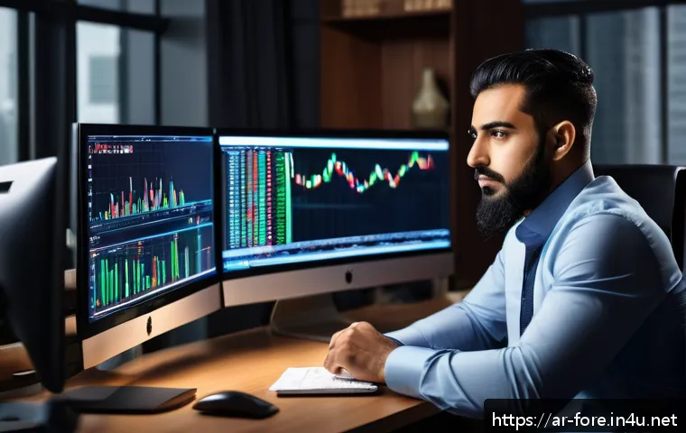 외환관리사와 경력 개발 전략 - A professional Arab male trader in his early 30s sitting at a modern desk in a sleek home office, an...