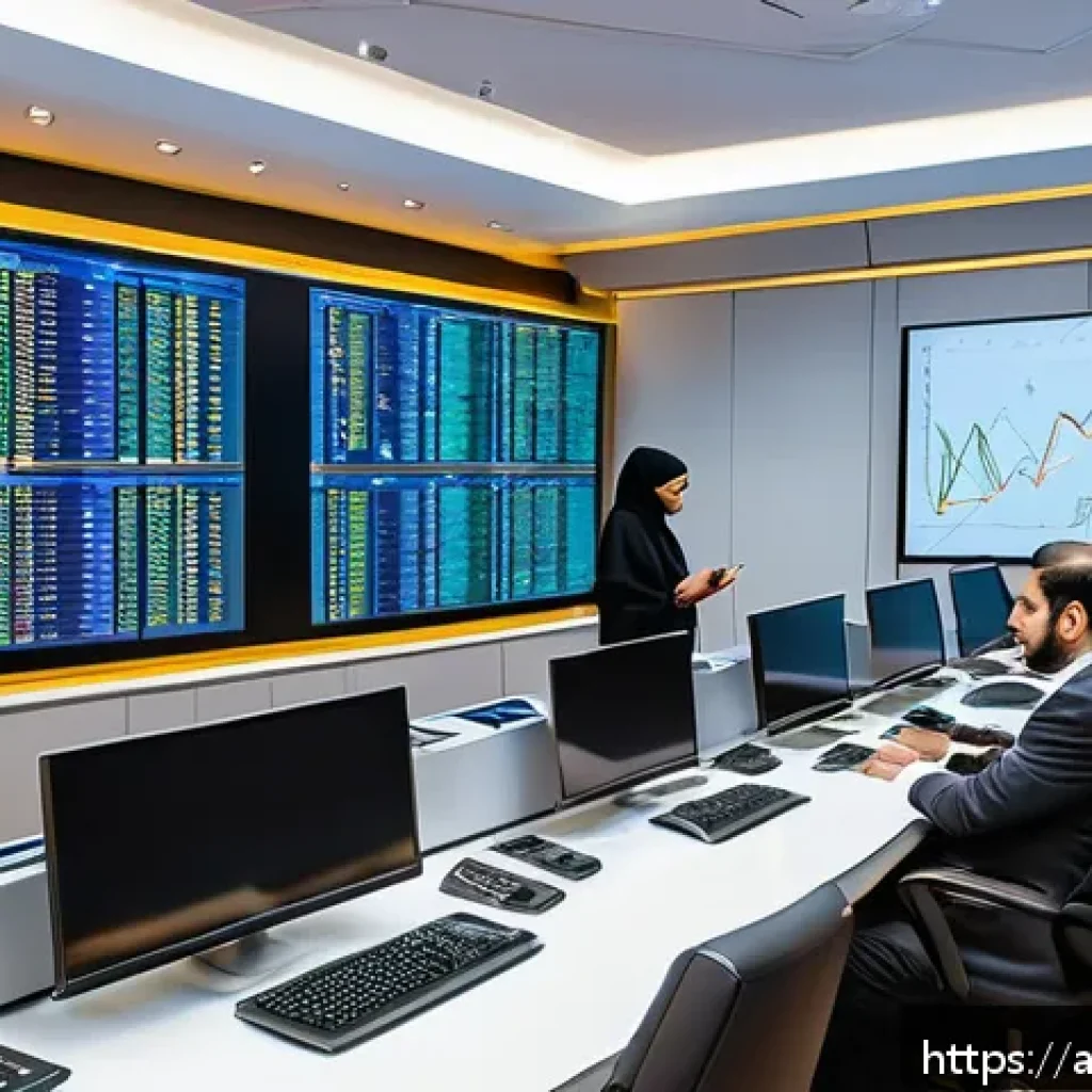 외환관리사와 중앙은행의 통화 정책 - A modern financial control room in a Middle Eastern central bank, featuring a diverse team of econom...