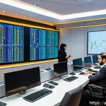 외환관리사와 중앙은행의 통화 정책 - A modern financial control room in a Middle Eastern central bank, featuring a diverse team of econom...