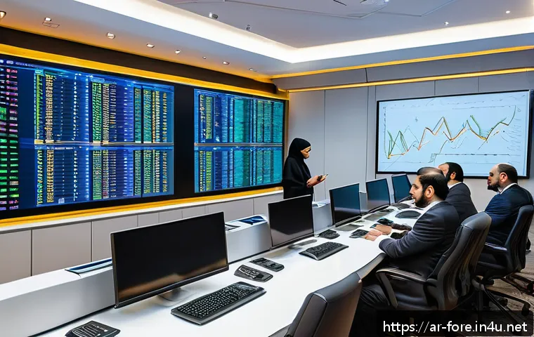 외환관리사와 중앙은행의 통화 정책 - A modern financial control room in a Middle Eastern central bank, featuring a diverse team of econom...