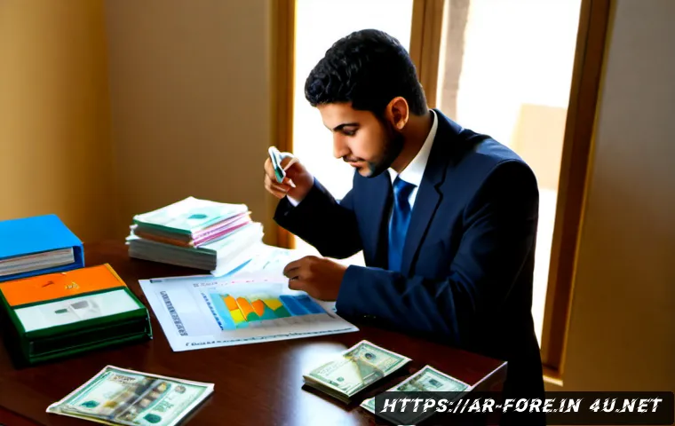 외환관리사 시험 과락 방지 전략 - Photorealistic Arab finance student in modest professional attire studying for a foreign exchange ce...