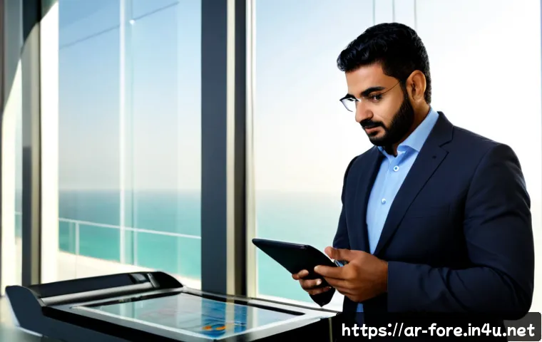 외환관리사와 신기술의 도입 사례 - Photorealistic modern foreign exchange management office in Dubai, an Arab financial professional in...