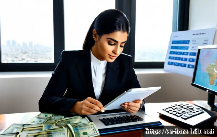 외환관리사와 외환 교육 프로그램 리뷰 - Photorealistic Middle Eastern financial professional in modest business attire reviewing foreign exc...